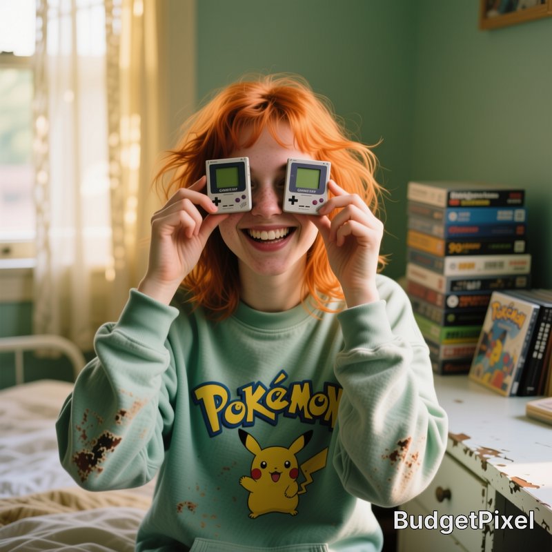 Cheerful red-haired girl holds tiny retro Game Boys over her eyes, wearing a Pokemon sweatshirt i...