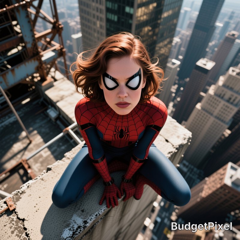 Young Spider-Woman in a web suit crouched on a high skyscraper ledge overlooking a sprawling down...