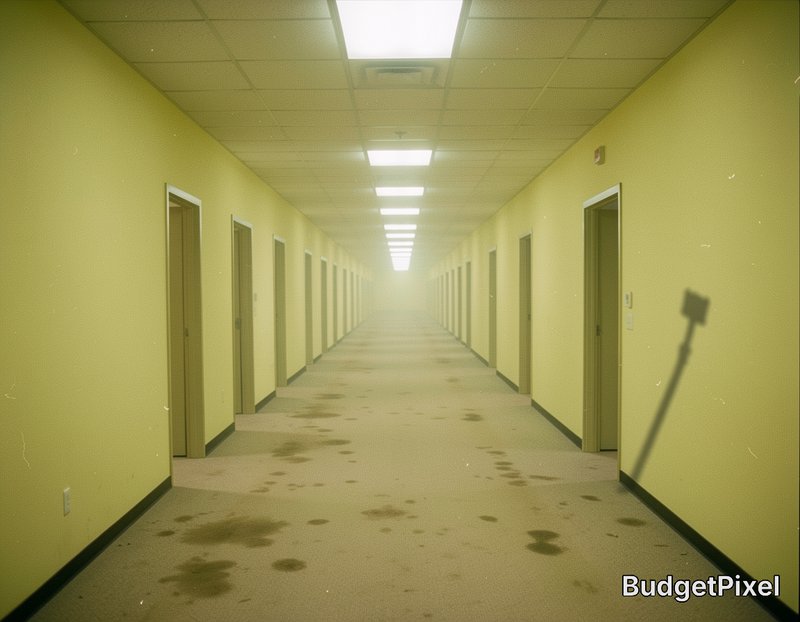Eerie endless liminal office hallway with pale yellow walls, stained carpet, and hazy overhead fl...