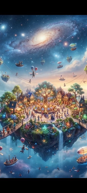 Whimsical floating fantasy village on a sky island with a glowing central tree, airships, and swi...