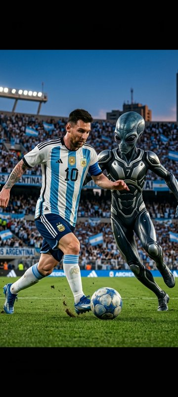 Lionel Messi dribbles a soccer ball while competing against a sleek armored alien opponent in a c...