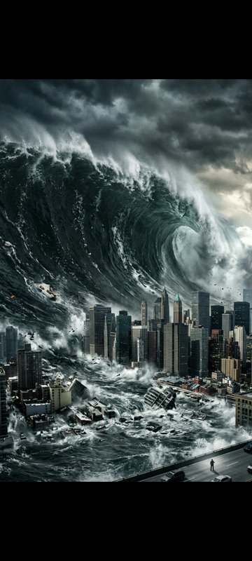 [Massive curling tsunami wave crashes over a flooded downtown skyscraper city under dark storm clouds, apocalyptic disaste...