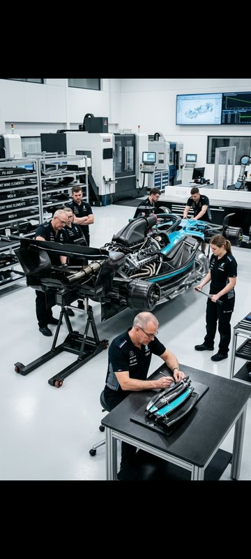 F1 engineering team works on a partially built turquoise Formula 1 car in a bright modern race te...