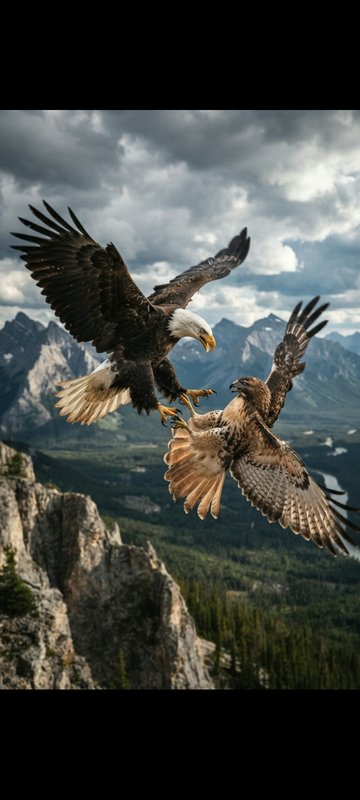 [Mid-air clash between a bald eagle and red-tailed hawk above a rocky mountain range under stormy cloudy skies]