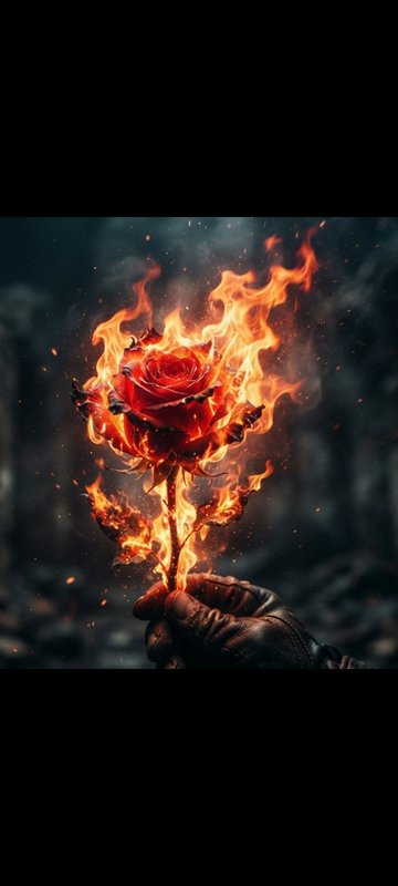 Gloved hand holding a vivid red rose engulfed in dancing orange flames against a dark smoky backg...