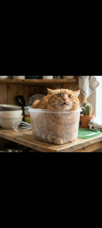 Surprised wide-eyed ginger tabby cat sitting crammed inside a clear plastic storage tub on a rust...