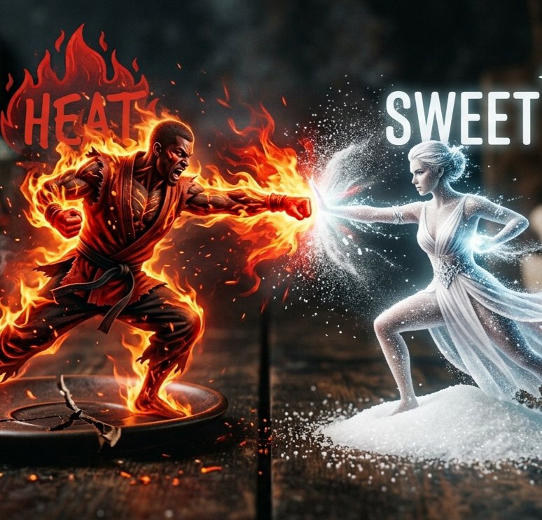 Flaming heat martial artist clashes fists with frosty sweet ice warrior in a playful food themed ...