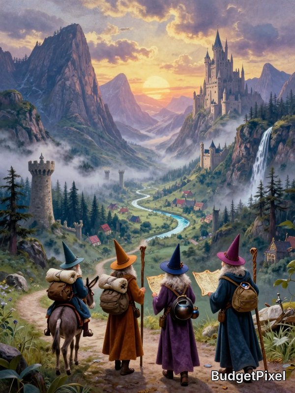 Four traveling wizards stand on a trail overlooking a misty magical fantasy valley with castles a...