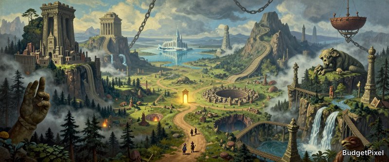 Epic high fantasy landscape with ancient ruins, giant statues, and adventurers traveling toward a...