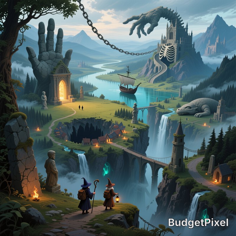 Two robed wizards overlook a surreal fantasy valley with giant stone hands, gothic castles, river...