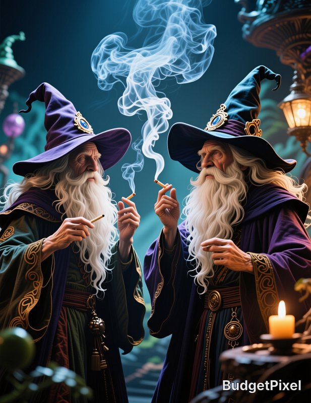 Two elderly bearded wizards in ornate pointed hats hold lit smoking cigarettes in a mystical fant...