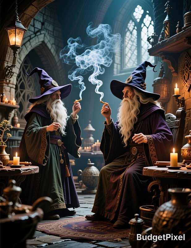 Two robed elderly wizards in purple pointed hats hold smoking sticks while chatting in a cozy got...