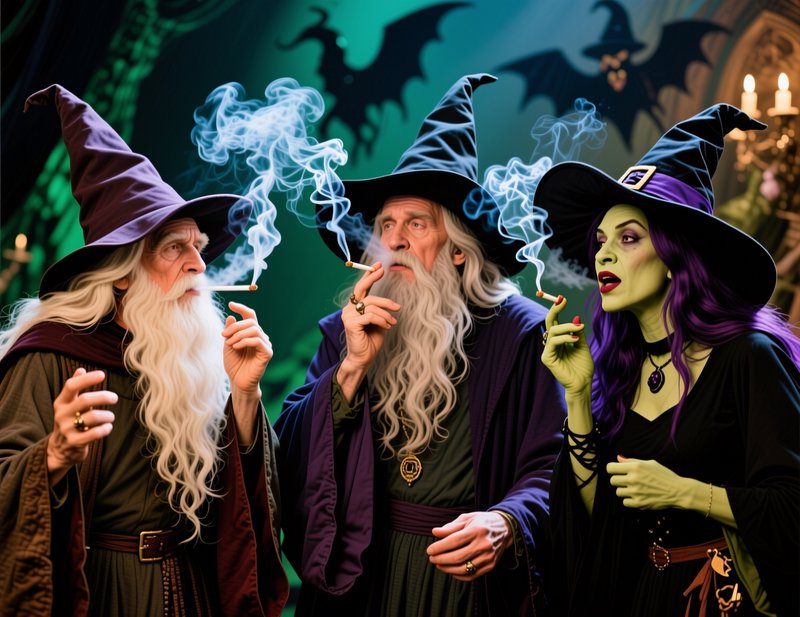 Three whimsical wizard and witch characters smoke together in a spooky gothic fantasy hall with b...