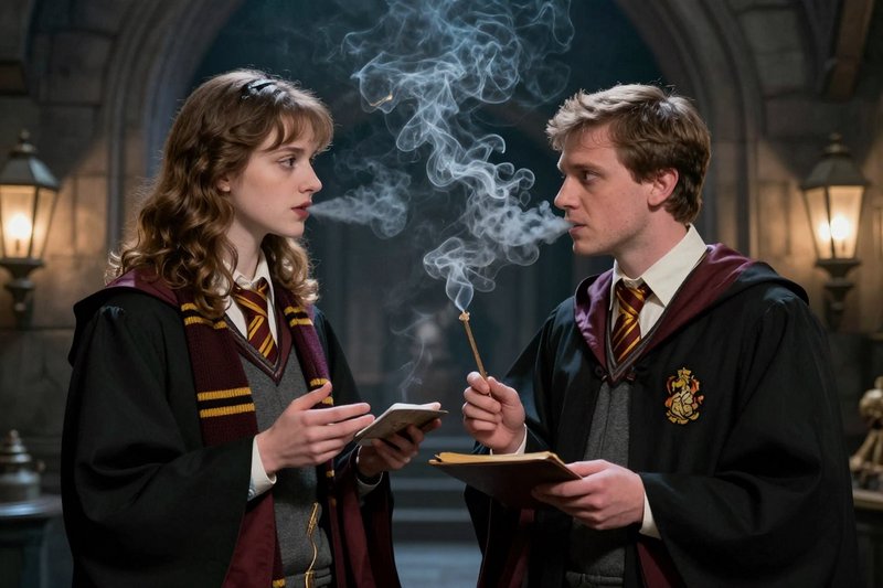 Two Gryffindor Hogwarts students face each other, wispy magical smoke curling between them as the...