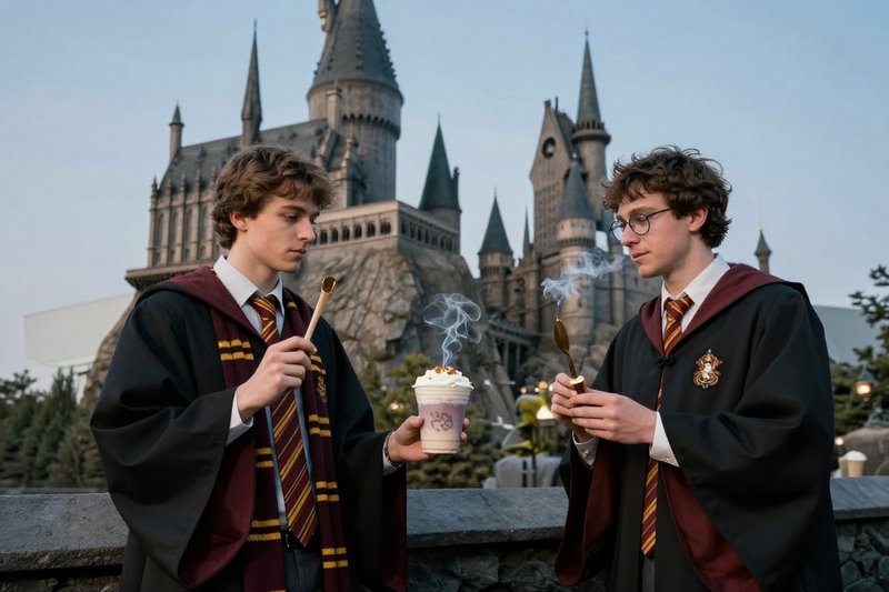 Two Gryffindor Hogwarts students hold smoking wands and butterbeer in front of Hogwarts Castle at...