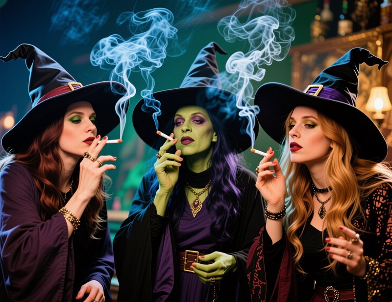 Three stylized witches in classic pointed black hats smoke side-by-side, the central green-skinne...