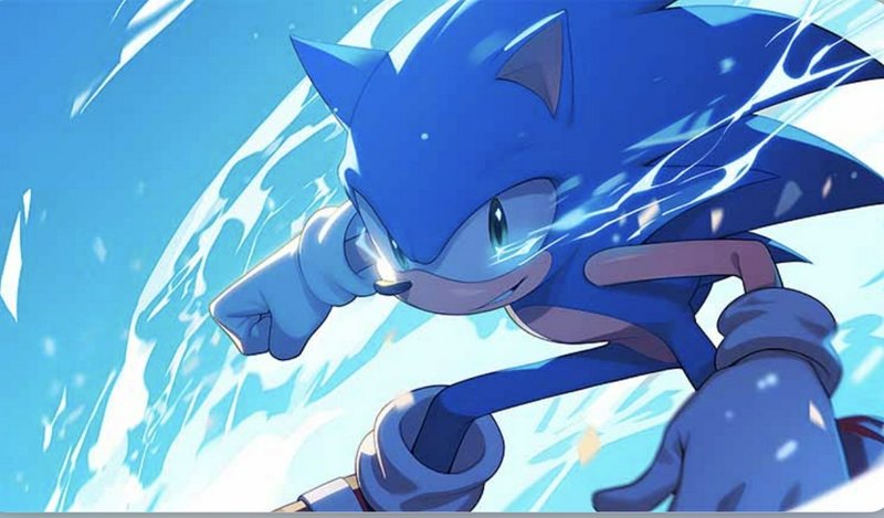 Dynamic anime illustration of Sonic the Hedgehog sprinting forward, surrounded by bright glowing ...