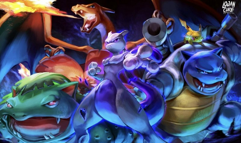 Battle-ready lineup of classic Generation 1 Pokemon led by Mewtwo, including Charizard, Blastoise...