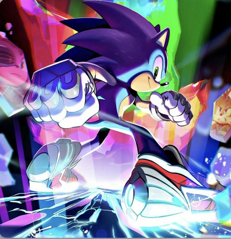Dynamic action illustration of Sonic the Hedgehog sprinting forward with glowing speed energy aga...
