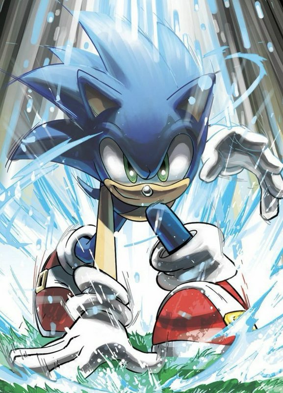 Dynamic comic illustration of Sonic the Hedgehog crouched in a high-speed stance surrounded by br...