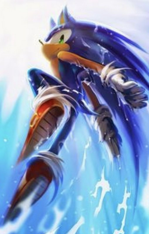 Painterly fan art of powered-up Sonic the Hedgehog mid-leap, surrounded by glowing crackling blue...