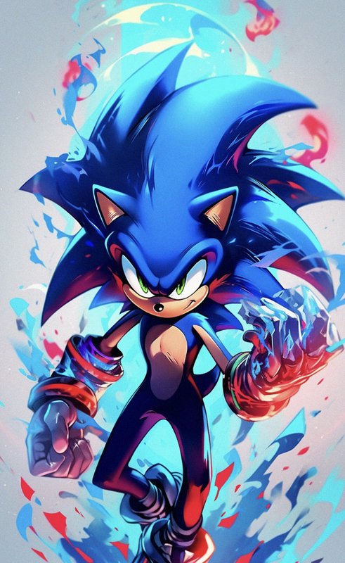 Super powered Sonic the Hedgehog in battle-ready dynamic pose, wreathed in swirling blue and red ...