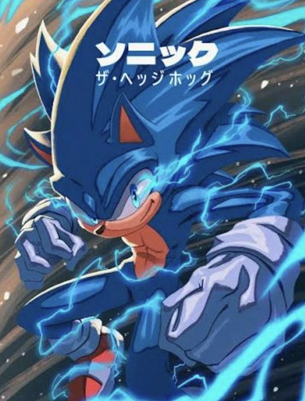 Anime-style powered up Sonic the Hedgehog surrounded by glowing blue lightning, Japanese title te...