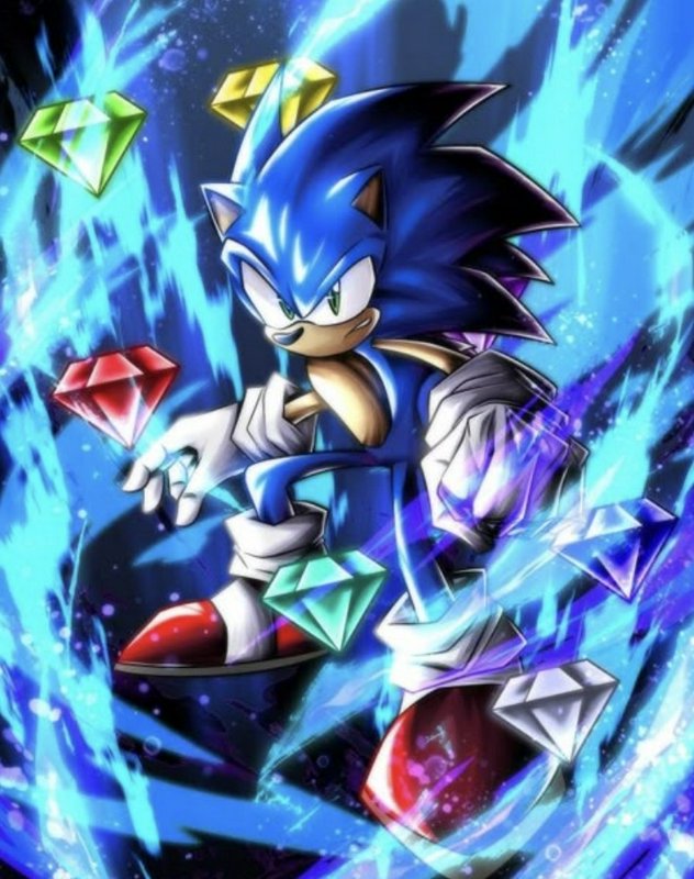 Dynamic powered-up Sonic the Hedgehog floats surrounded by glowing Chaos Emeralds and a bright bl...