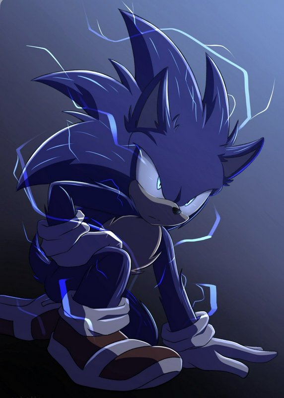 Powered-up Sonic the Hedgehog kneels surrounded by crackling blue lightning, intense glowing eyes...