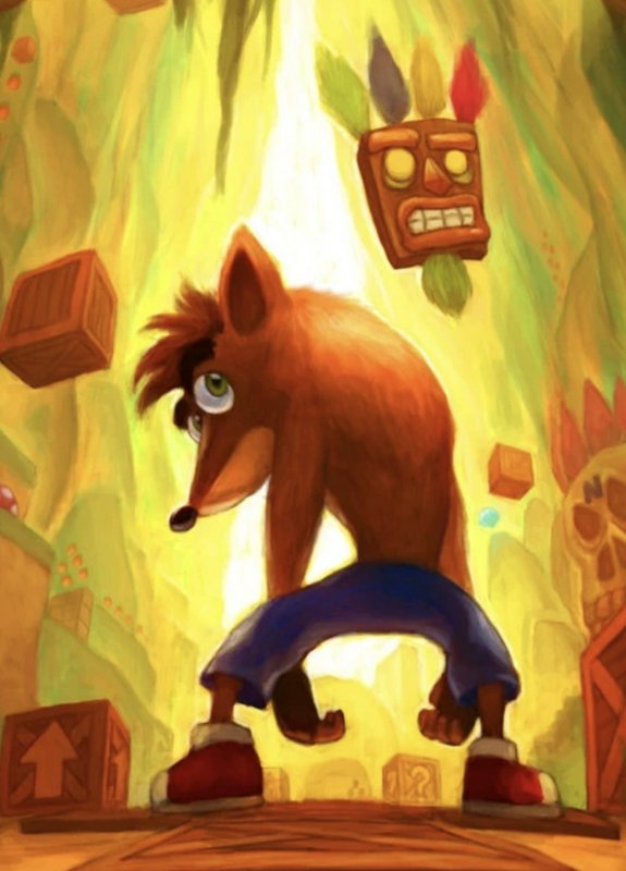 Painterly fan art of Crash Bandicoot standing in a jungle level with floating Aku Aku mask and wu...