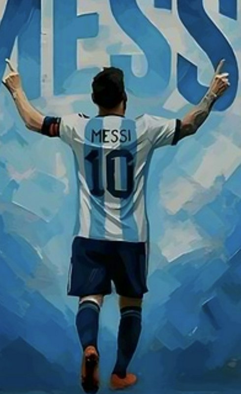 Rear view illustrated Lionel Messi in Argentina #10 jersey celebrating with both arms raised poin...