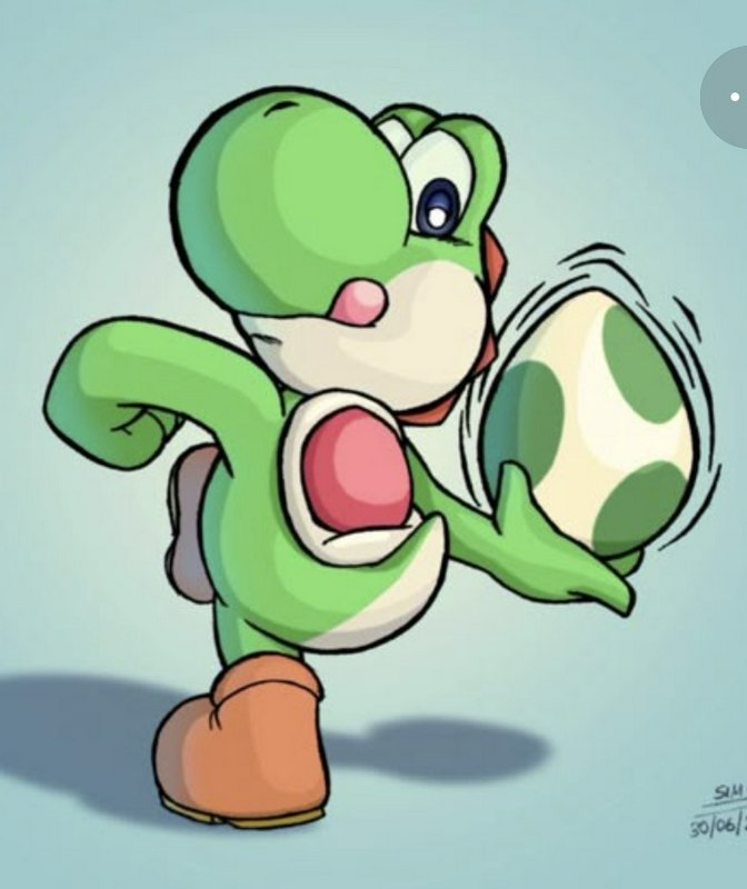 Green Yoshi from the Super Mario franchise winding up to throw a spotted Yoshi egg, playful digit...