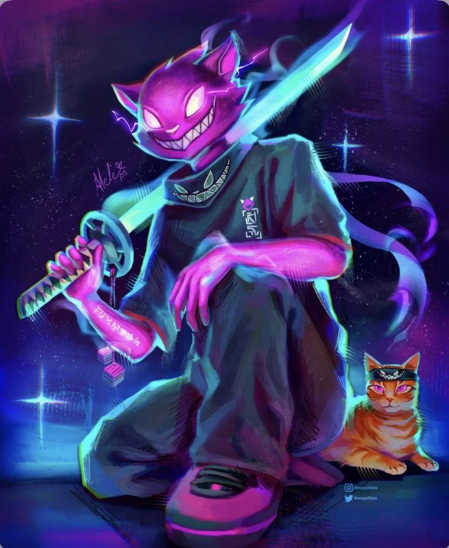 Neon purple grinning cat samurai holds glowing cyan katana, with matching ninja tabby companion o...