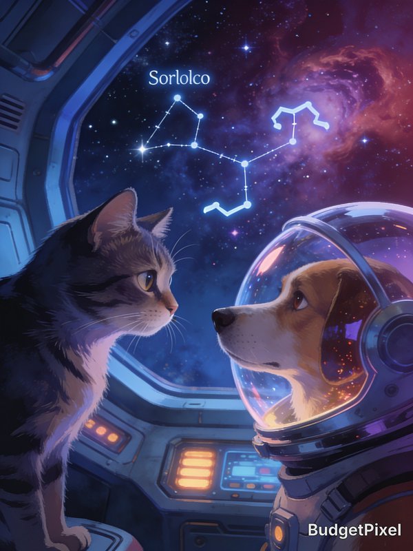 Tabby cat and helmeted astronaut beagle face each other inside a spaceship, gazing out at glowing...