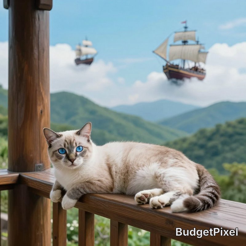 Fluffy blue-eyed lynx point siamese cat rests on a wooden porch railing, fantasy flying tall ship...