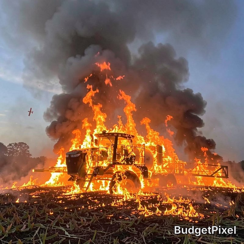 Burning agricultural crop sprayer engulfed in bright orange flames, surrounded by fire in a farm ...