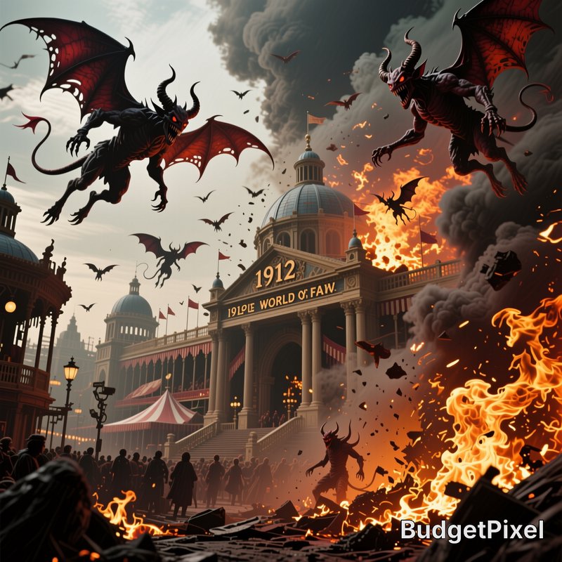Winged horned demons swarm above a burning 1912 World's Fair pavilion, as fires erupt and panicke...