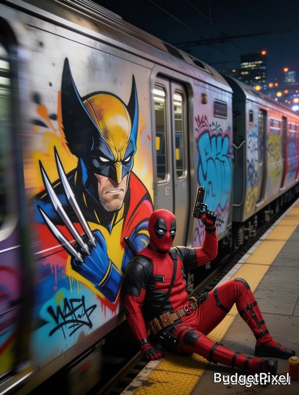 Deadpool sits on a subway platform leaning against a train covered in vibrant Wolverine graffiti,...
