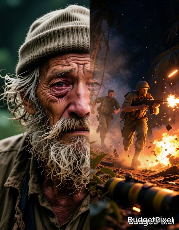Split composite illustration showing an elderly war veteran recalling chaotic nighttime jungle co...
