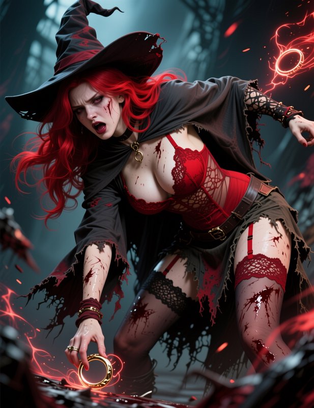 Battle-wounded red-haired witch casting glowing red arcane magic while holding an enchanted ring ...