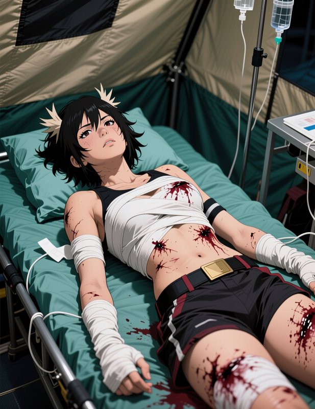 Injured anime female warrior lies bandaged on a field hospital cot with gunshot wounds, receiving...