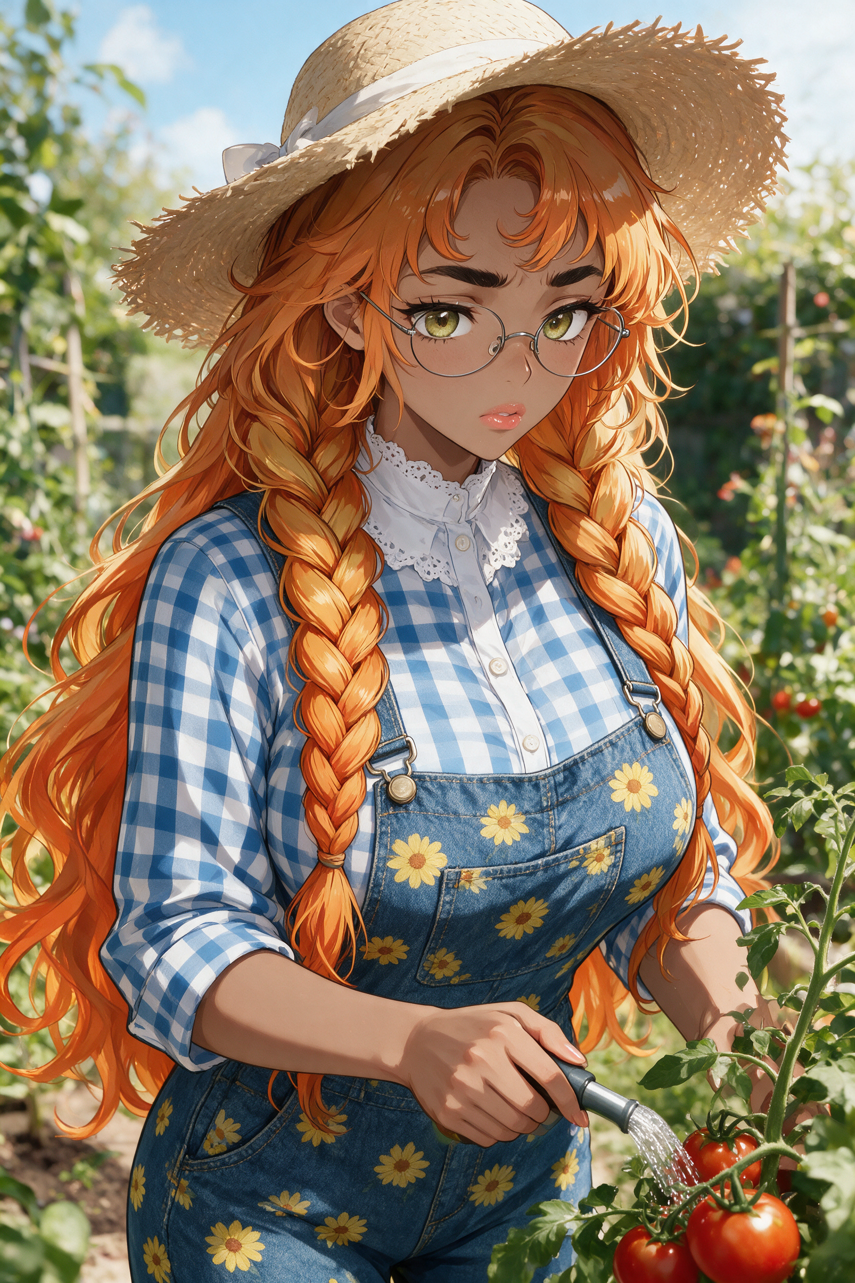 Anime-style farm girl with long orange braids and straw hat watering tomato plants in a sunny home garden.
