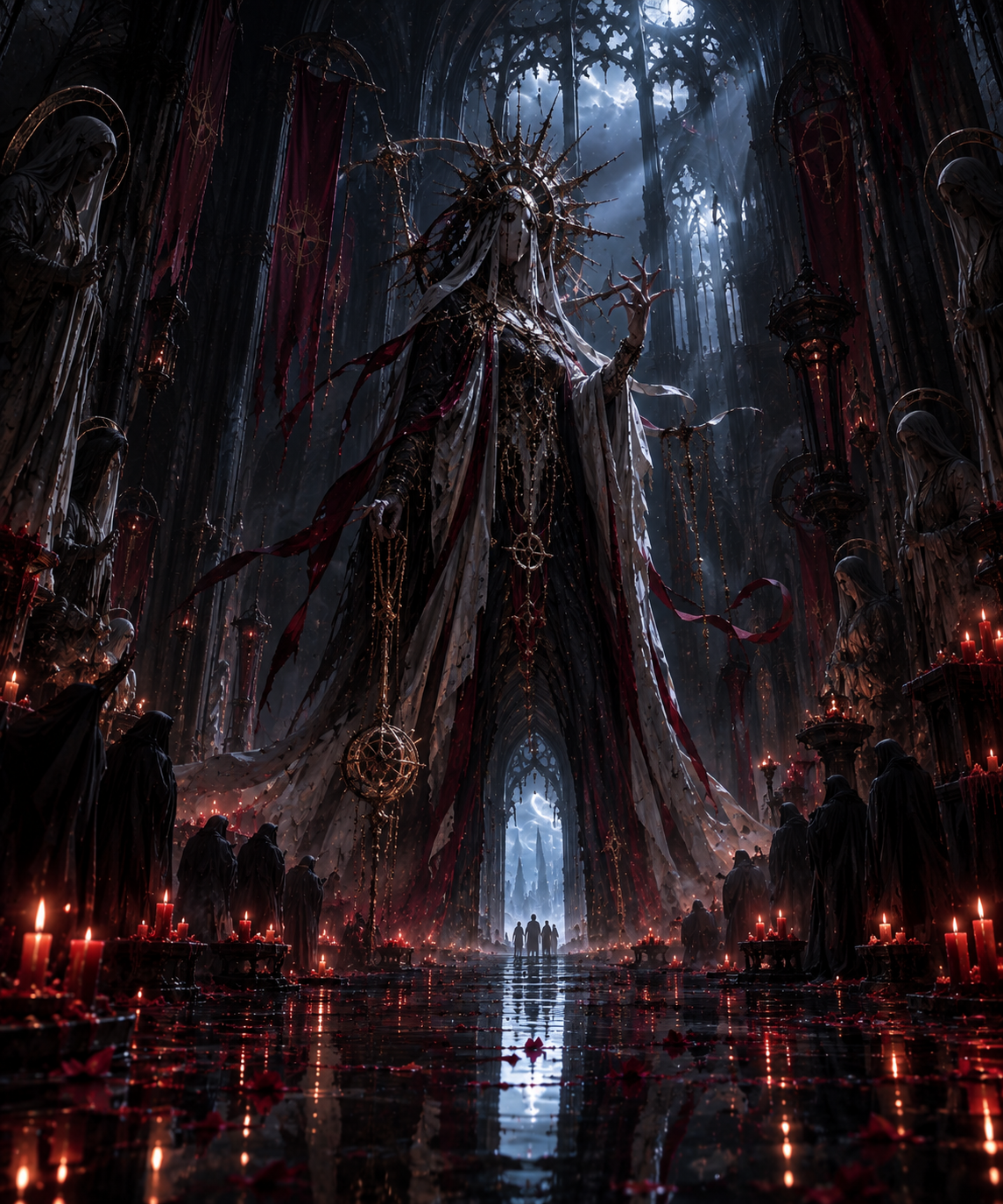 Towering gothic dark matriarch with spiked halo presides over worshipers in a candlelit flooded cathedral