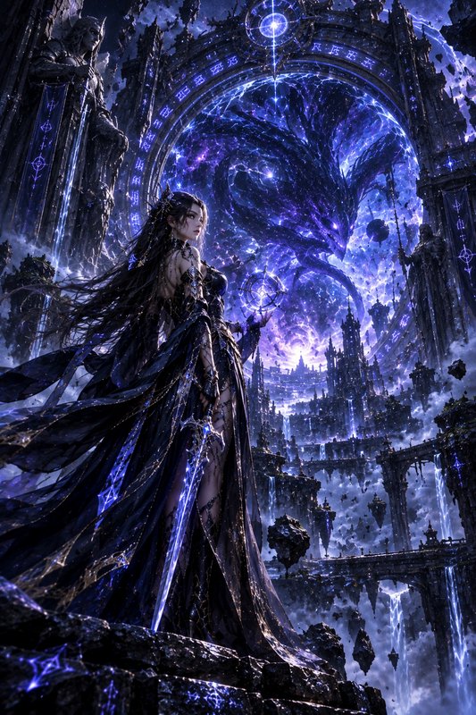 Dark fantasy sorceress holding a glowing rune sword stands before a cosmic phoenix portal above a...