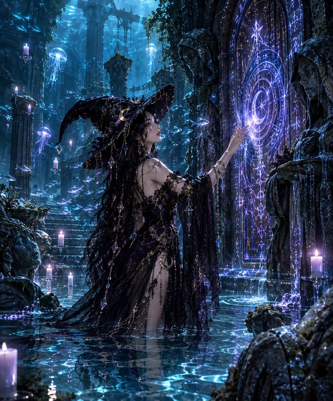 Elegant sea witch activating a glowing rune door in an ancient sunken underwater temple