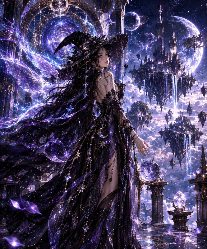 Elegant celestial witch stands with glowing violet magic overlooking floating sky castles above c...