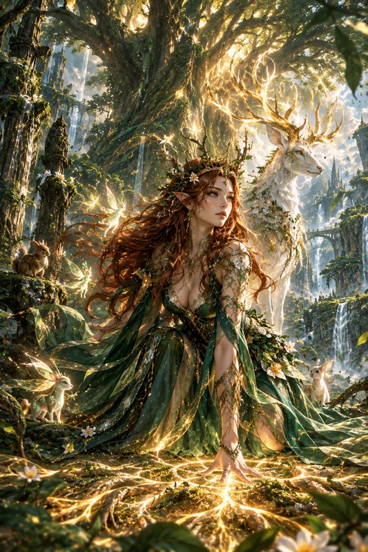Elven forest goddess kneels summoning glowing golden magic beside a gilded stag and fey creatures...
