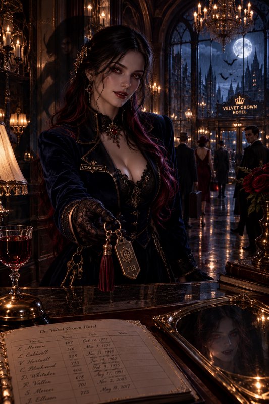 Elegant vampire concierge holds out a room key at the reception desk of a moonlit gothic hotel lobby