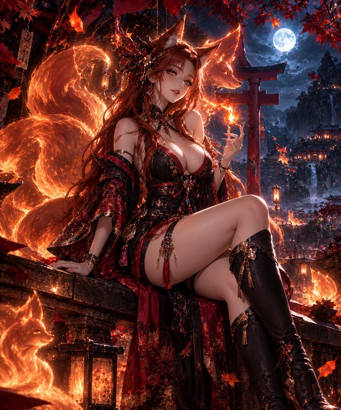 Red-haired kitsune sorceress sits on a shrine balcony surrounded by glowing fire fox spirits under a full moon