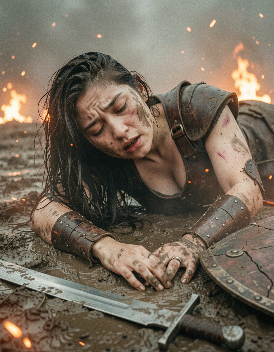 Wounded female warrior lies in a muddy battlefield beside her sword and shield as fires burn behind her